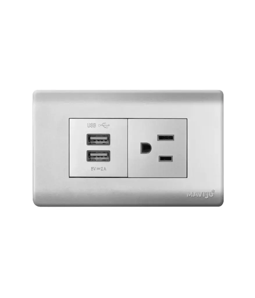 Tomacorriente polar/simple + 2 USB p/empotrar Plateado MAVIJU