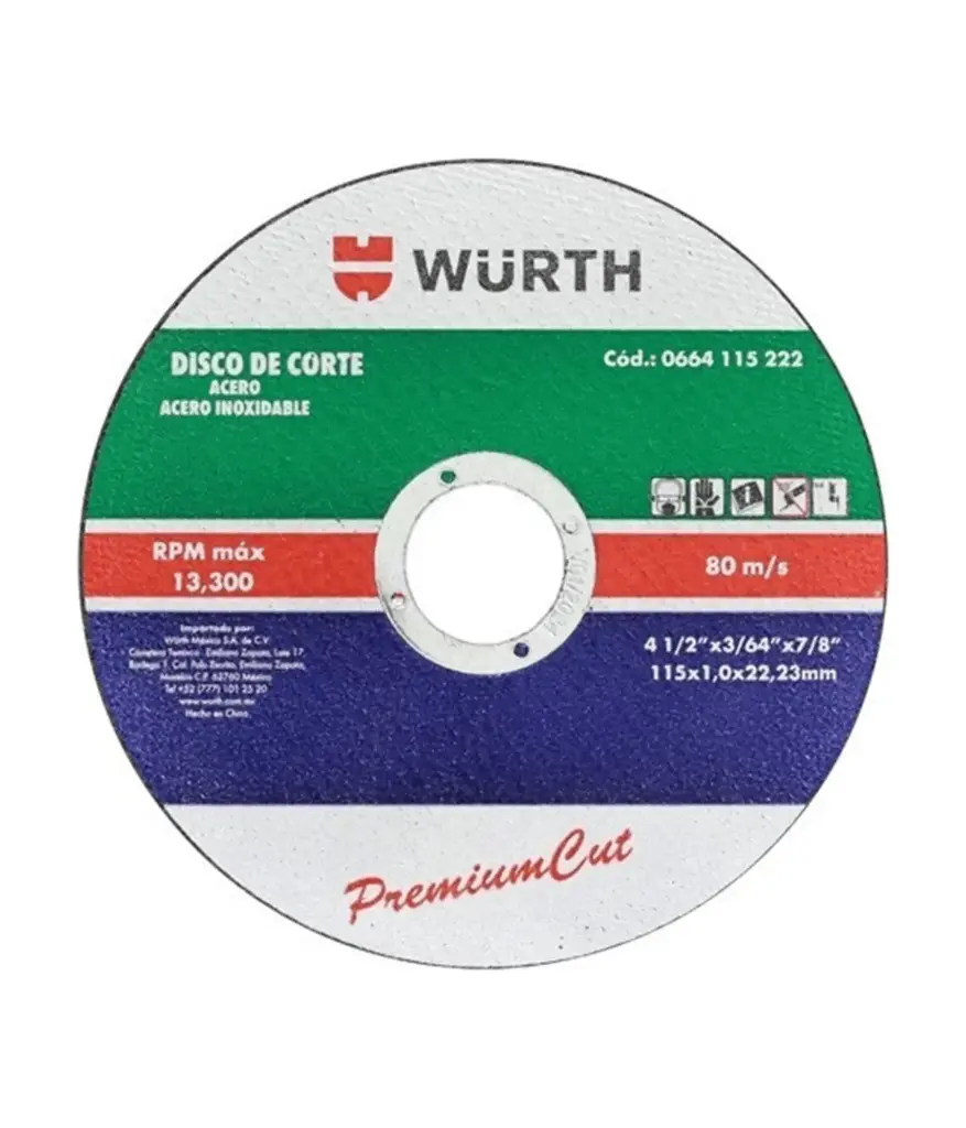 Disco de corte 4 1/2*3/64*7/8 Acero inox. WURTH