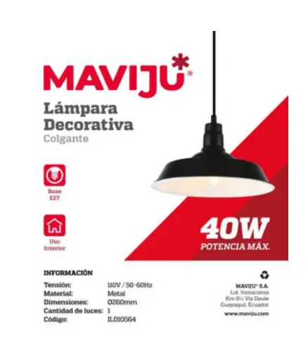 [EE.LAMP.0012] Lampara Colgante Decorat. 1L E27 110V Metal Negro MAVIJU s/foco